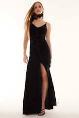 Black Body Sitting Ruffle Long Night Evening Dress Tprss24ae00015