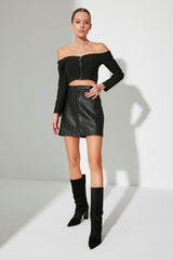 Black Premium High Quality A-line Faux Leather Mini Woven Skirt Twoaw22et0480