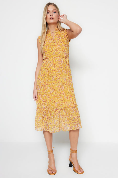 Yellow Floral Print A Cut Midi Lined Chiffon Woven Dress Twoss23el01840