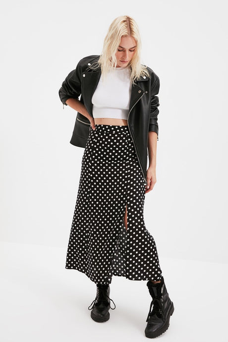 Black Polka Dot Slit Detail Viscose Fabric Midi Woven Skirt Twoaw20et0205