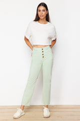 Green Front Buttoned High Waist Straight Jeans Twoss24je00312