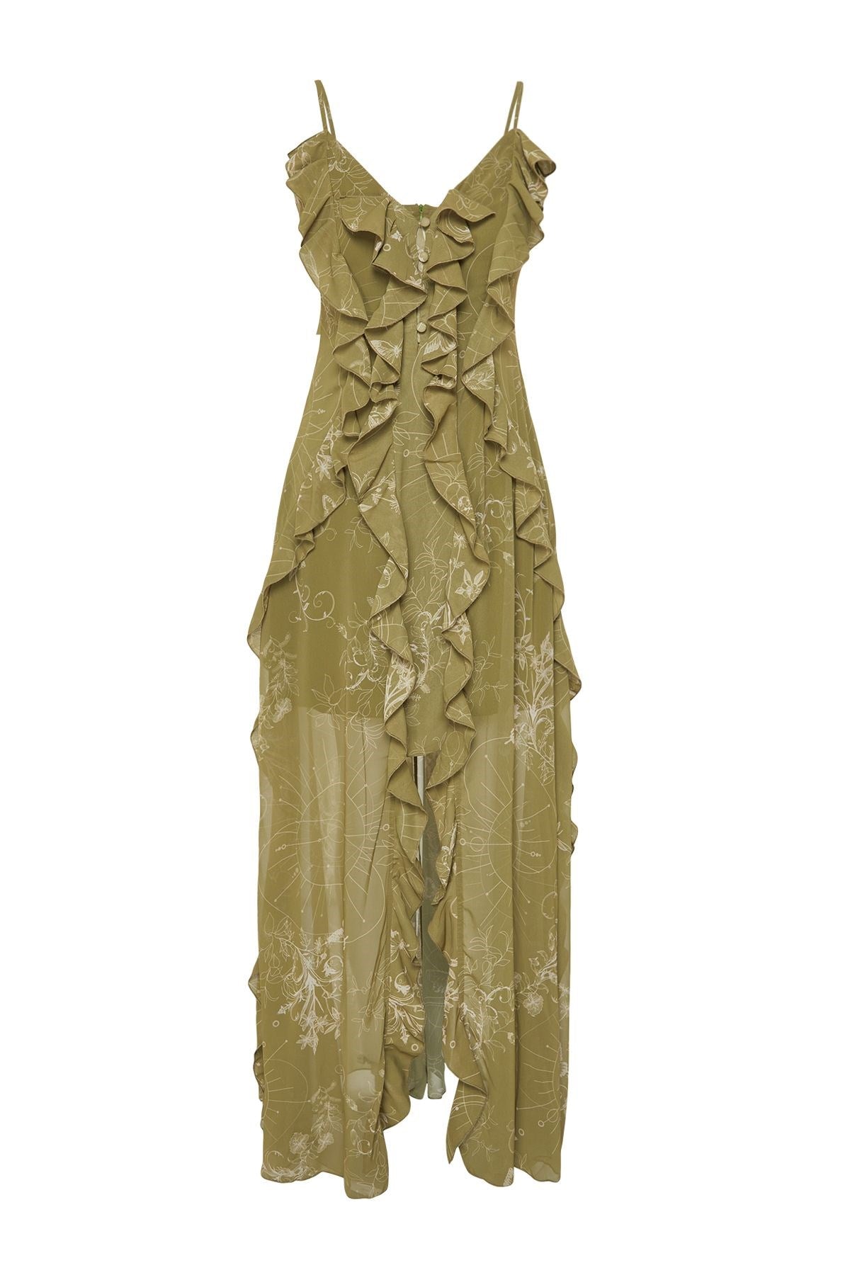 Limited Edition Khaki Floral Pattern Ruffle Chiffon Evening Dress Tprss24ae00050