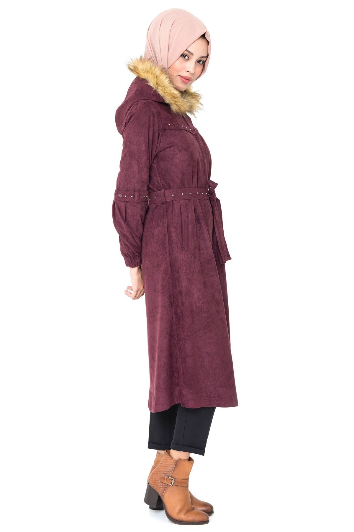 Elegant Zipper Belted Burgundy Pudding Coat 3152 T19kb3m3152