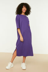 Purple Embroidered Relaxed/casual Cut Crew Neck Midi Knitted Dress Twoss21el0175