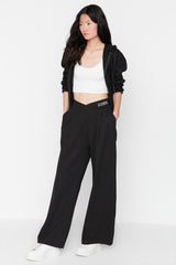 Black Print Detailed Wide Leg/casual Cut Asymmetrical Waist Knit Pants Twoaw23pl00389