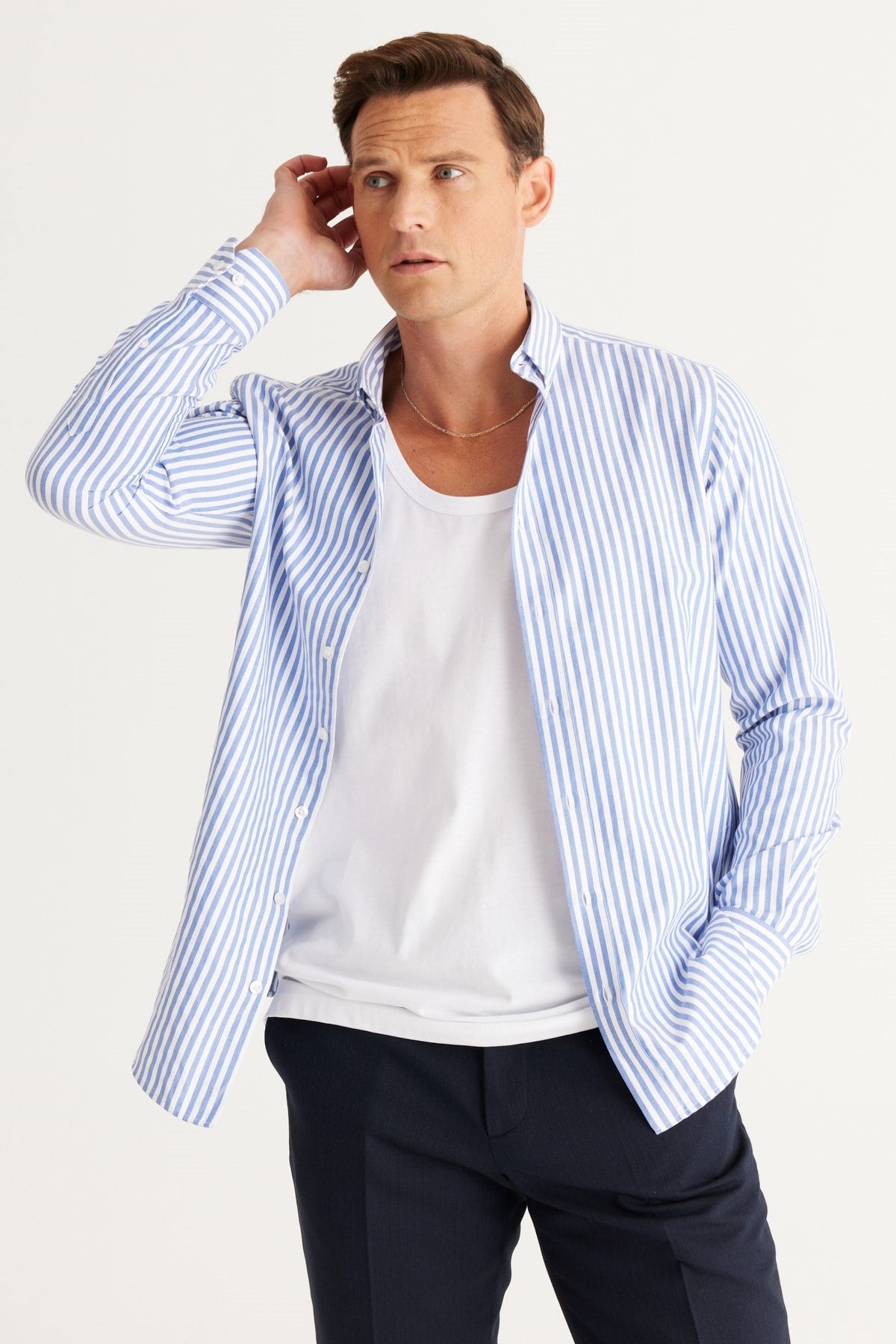 Men's Blue-white Slim Fit Slim Fit Buttoned Collar Cotton Striped Shirt 4a2024100020