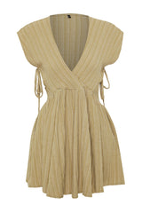 Khaki Mini Woven Cut Out/window Linen Blended Beach Dress Tbess24el00075