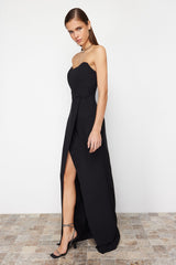 Black Corset Detailed Woven Long Evening Dress Tprss24ae00151