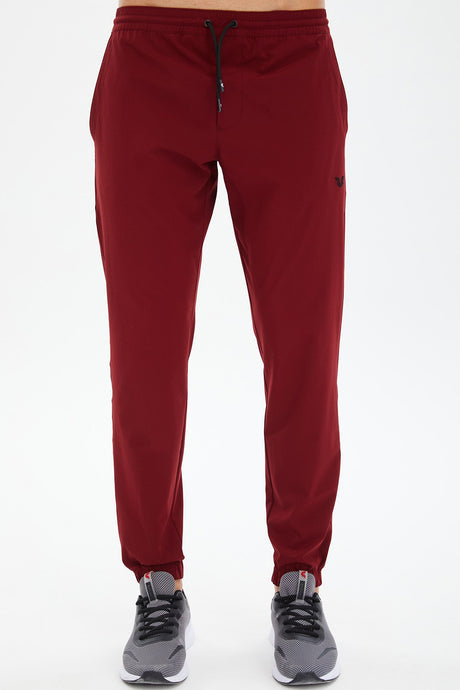 Men's Burgundy Solid Color Slim Quick Drying Rubber Leg Woven Casual And Sports Tracksuit Pants 0809