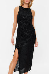 Black Body Sitting Knitted Glitter Sequin Elegant Evening Dress Tprss24el00030