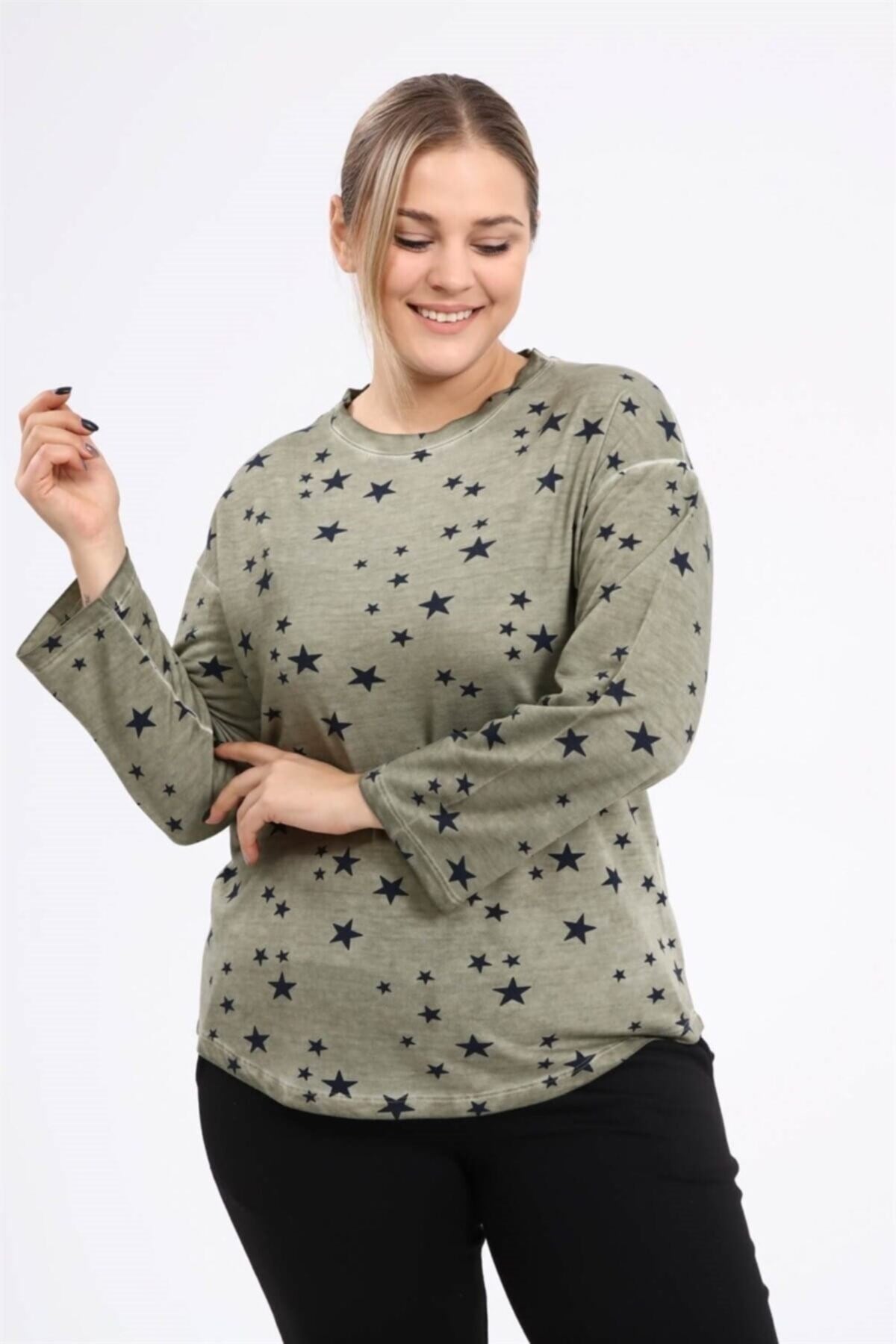 Star Printed Oil Wash Sweat-khaki Sea-sw2111