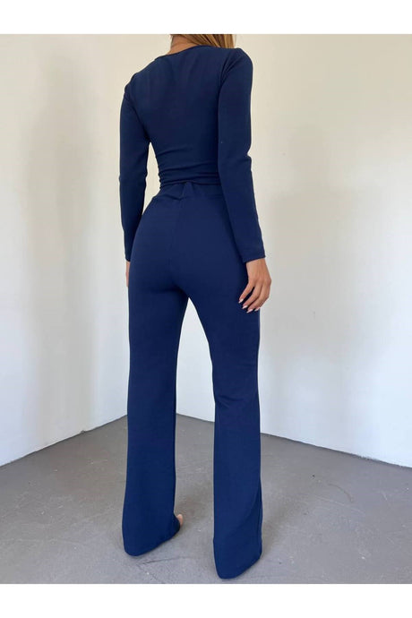 Women's Navy Blue Double Blouse Pants Bottom Top Suit Tkmp