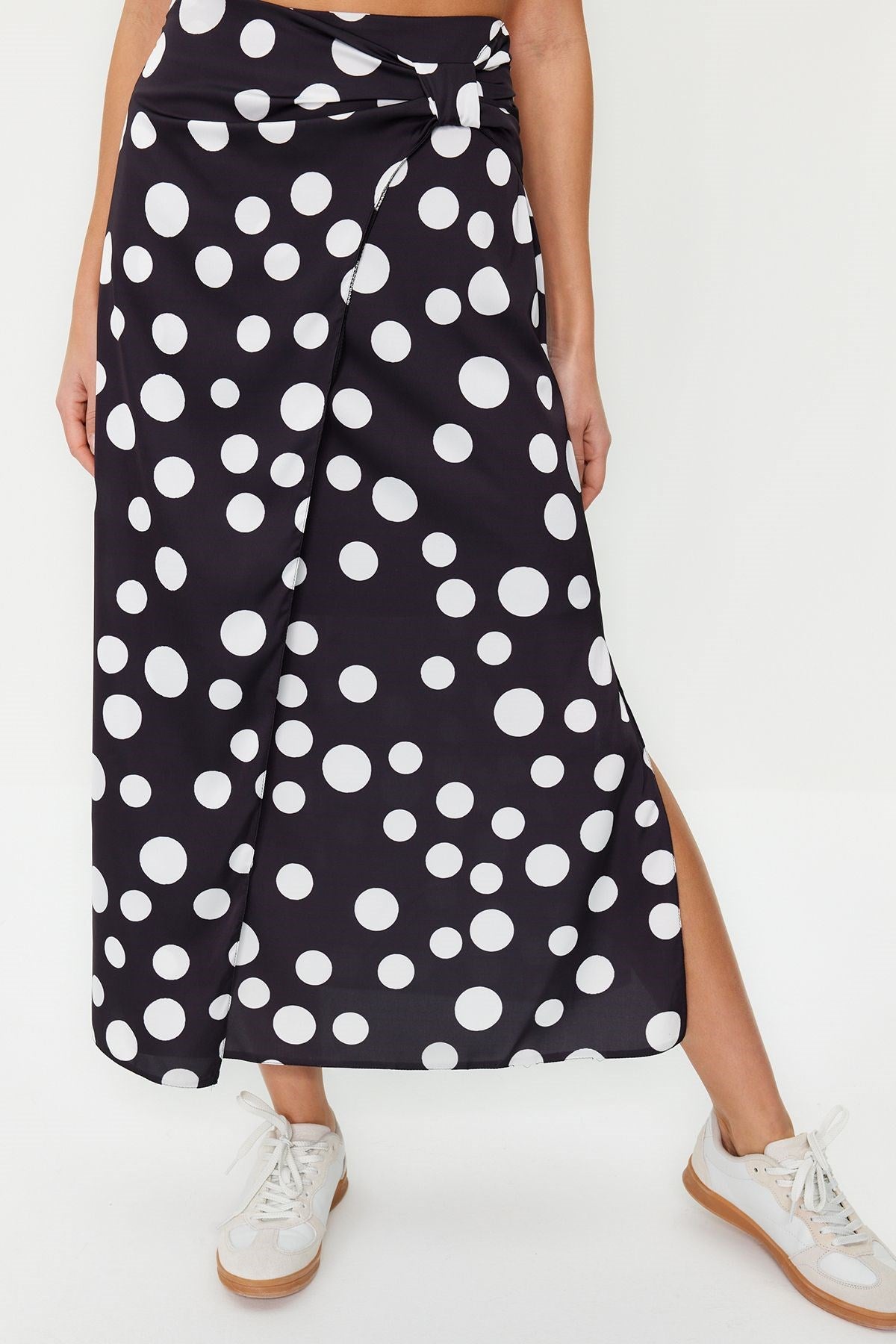 Black Polka Dot Slit Detailed Satin Maxi Length Woven Skirt Twoss24et00005