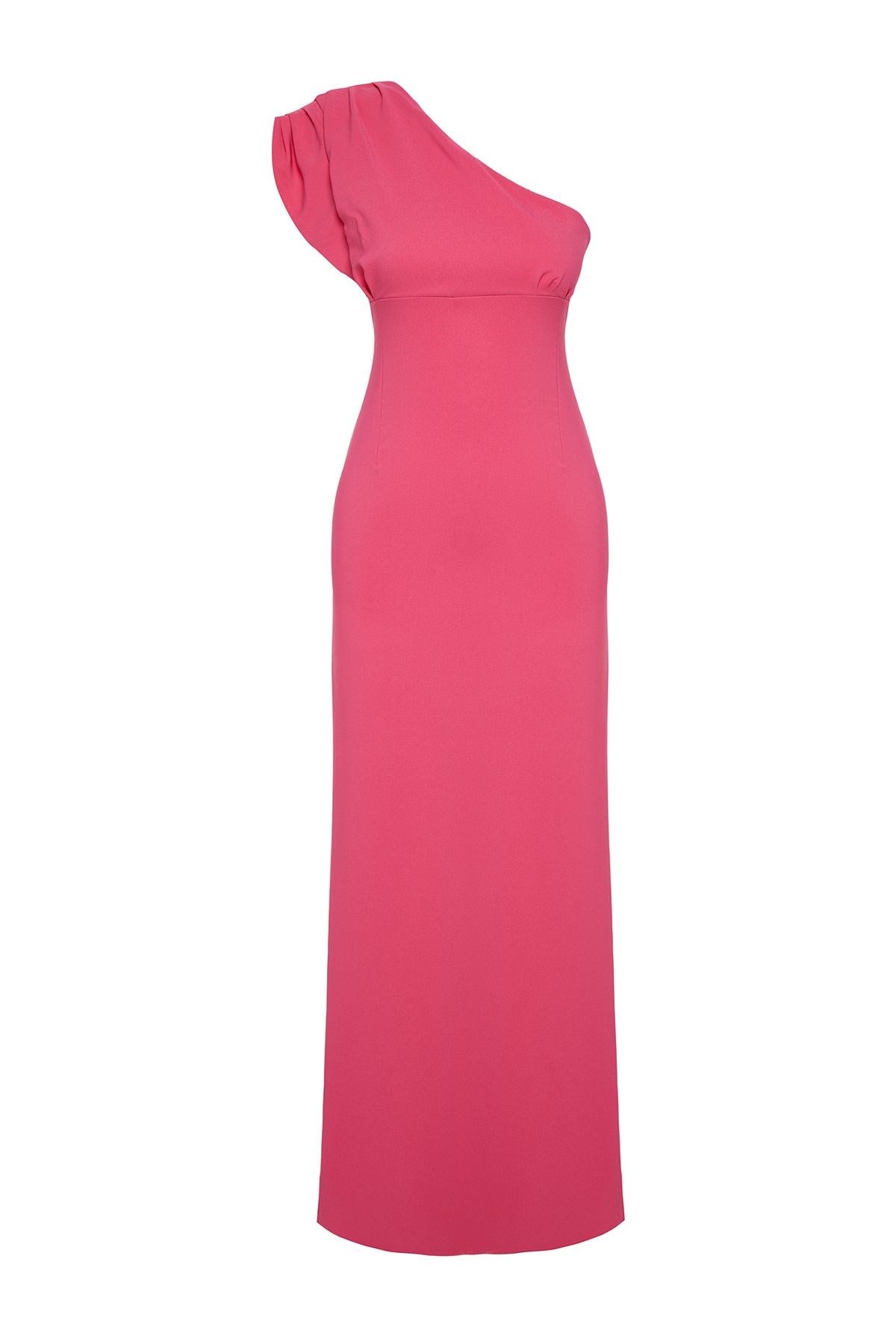 Fuchsia Asymmetric Collar Long Evening Dress Tprss24ae00119