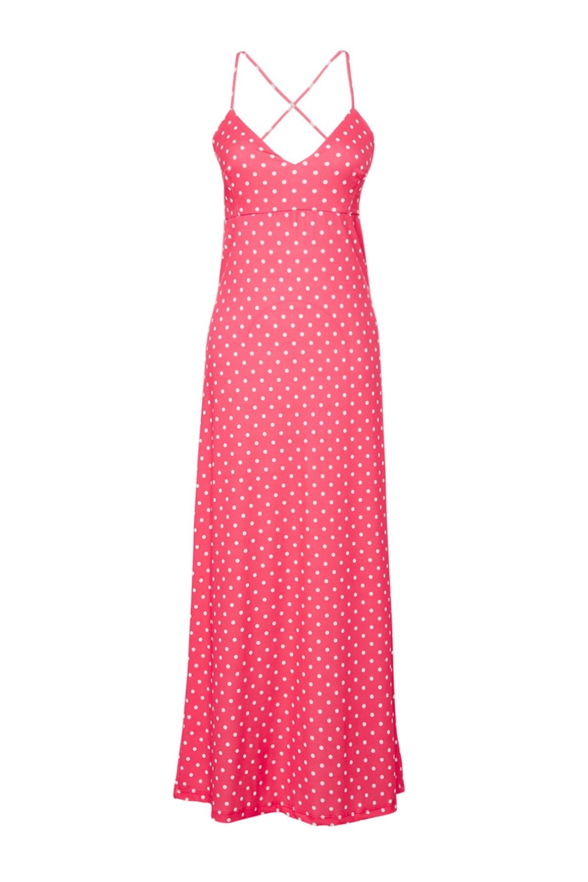 Red Polka Dot A Cut/bell Form Back Detailed Flexible Knitted Maxi Dress Twoss24el00582