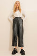 Women's Khaki Double Pocket Belt Detailed Leather Pants Alc-x11079