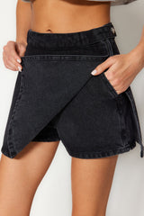 Black Slit High Waist Denim Shorts Skirt Twoss24sr00002