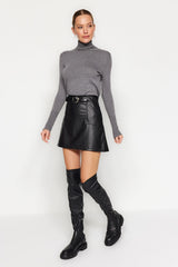 Black Belt Faux Leather Mini Length Woven Skirt Twoaw24et00333