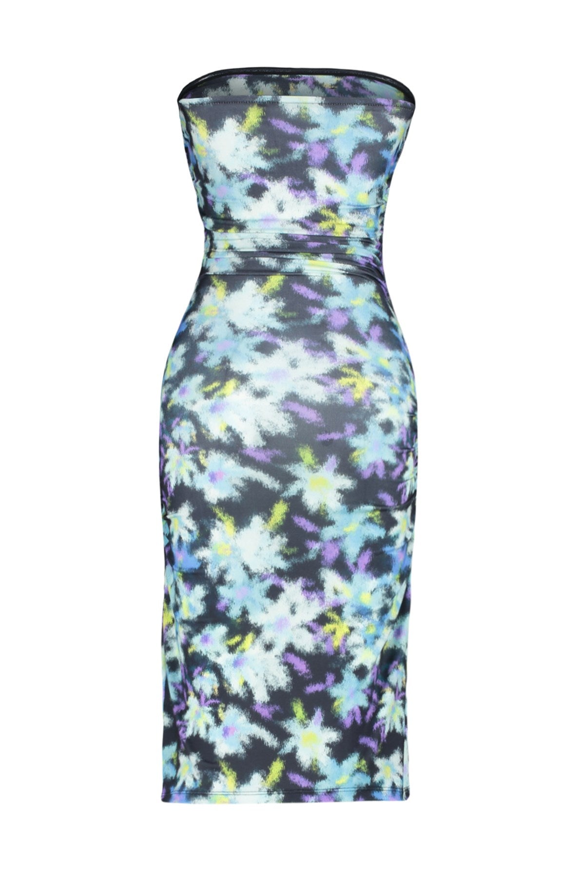 Limited Edition Blue Flower Printed Mini Strapless Collar Flexible Knitted Pencil Dress Twoss24el005