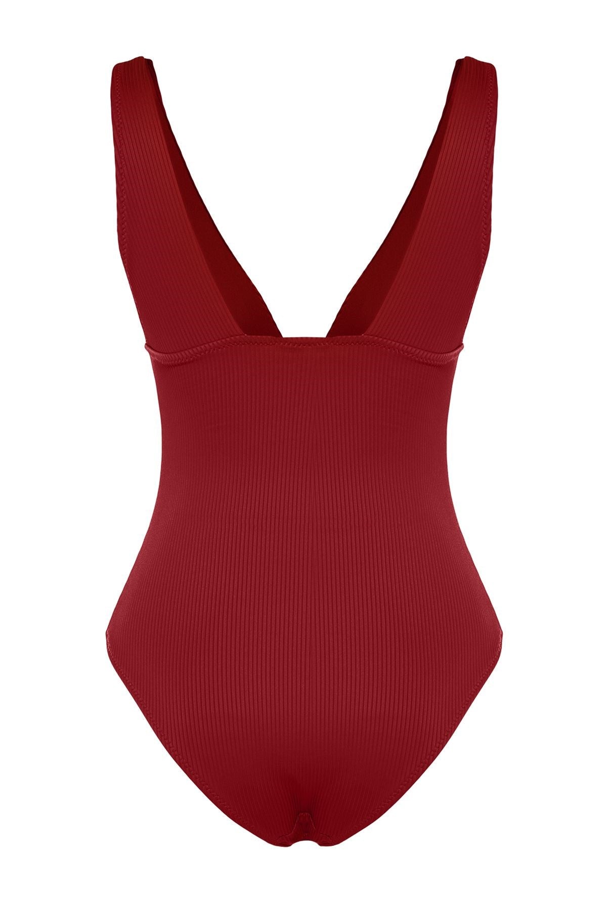 Burgundy V Neck Textured Regular Swimsuit Tbess24ma00056