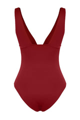 Burgundy V Neck Textured Regular Swimsuit Tbess24ma00056