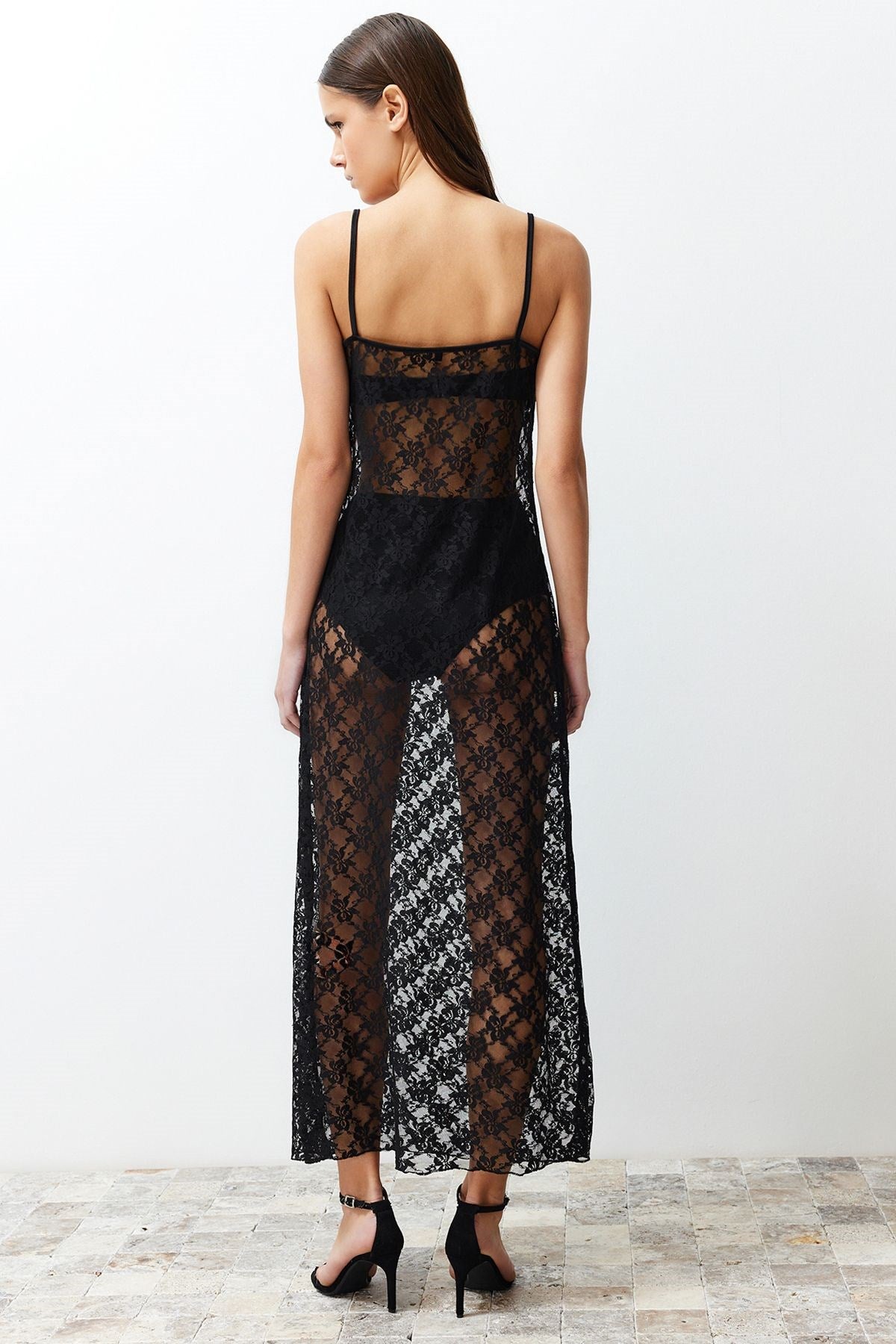 Black Lace Straps Body Sitting Flexible Knitted Maxi Pencil Dress Twoss24el00574