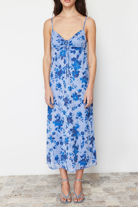 Blue Floral Printed Maxi Size Heart Neckline Twoss24el00272