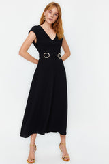 Black Belted Skirt Waist Midi Crepe Woven Dress Twoss24el00018