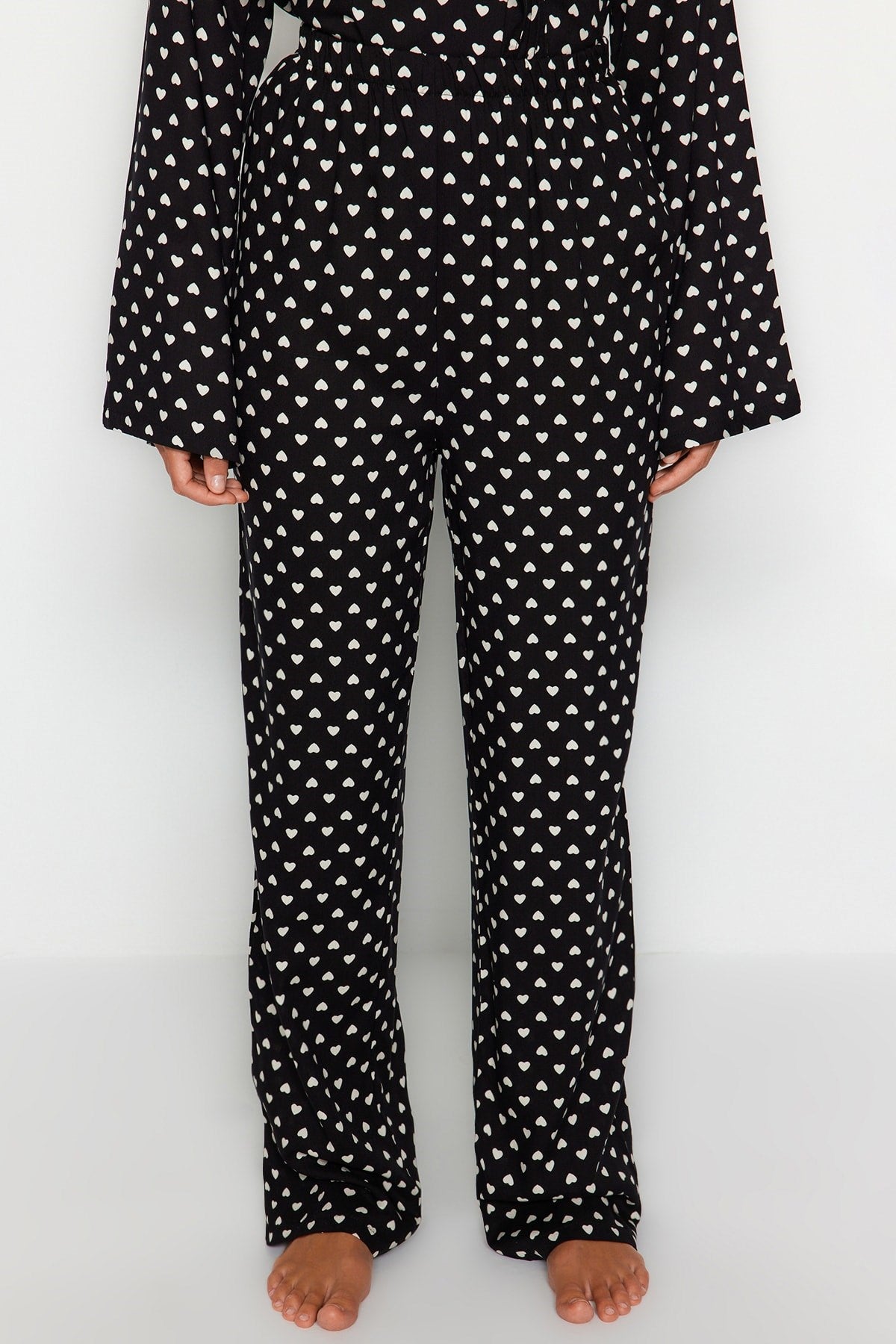 Powder Heart Pattern Drawstring Detailed Shirt-pants Woven Sleepwear Set Thmaw22pt0300