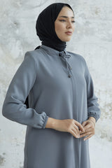 Hidden Patched Abaya With Lace-up Collar - Black Ms00tp00054