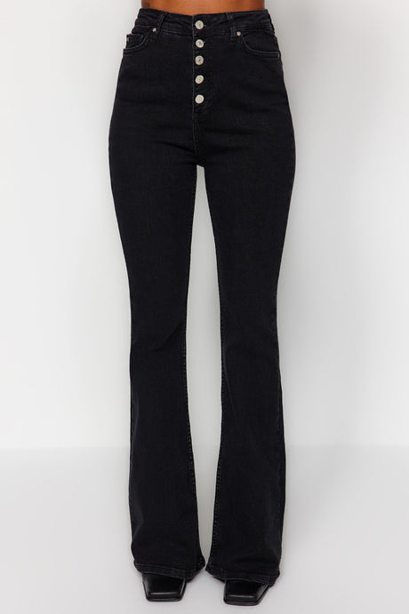 Black Front Buttoned High Waist Flare Jeans Twoss20je0111