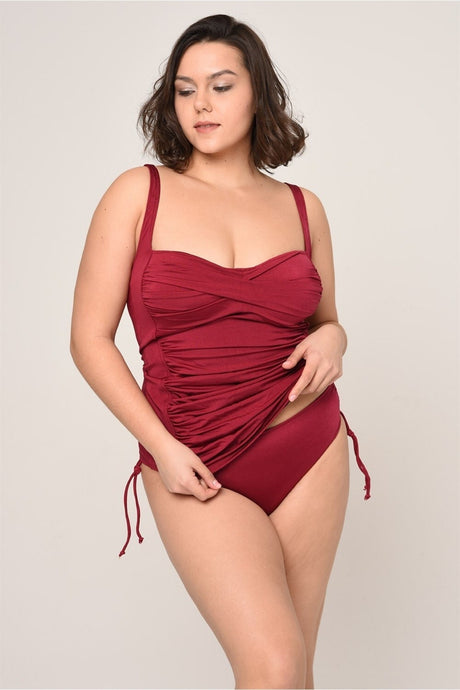 Women's Plus Size Burgundy Drape Detailed Jumper Side Sliding Tankini 12761123