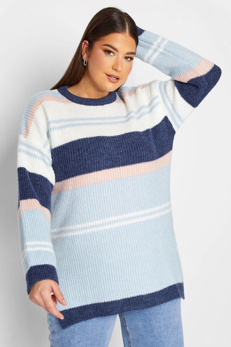 Plus Size Striped Round Neck Slit Detailed Knitwear Sweater 301831