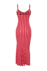 Red Plaid Strappy Body-fitting Ribbed Flexible Knitted Maxi Pencil Dress Twoss24el00682