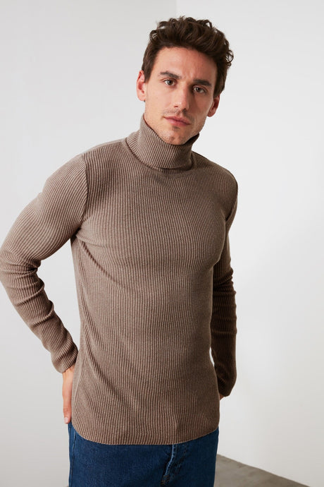 Grey Men's Slim Fit Turtleneck Ribbed Knit Basic Sweater Tmnaw20mg0031