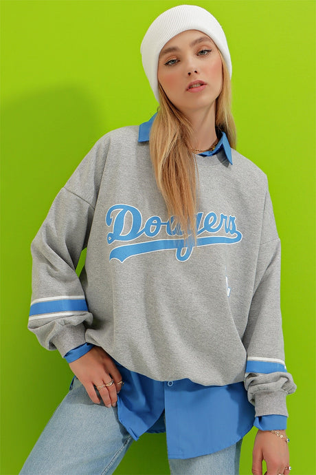 Women's Sky Blue Crew Neck Dodgers Printed Sleeve Striped Sweatshirt Alc-x8960