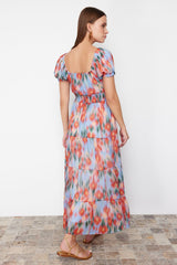 Pink Floral Print A Cut Gipe Detailed Maxi Lined Chiffon Woven Dress Twoss24el00807