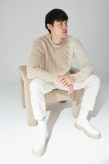 Beige Men's Slim Fit Crew Neck Hair Weave Knitwear Sweater Tmnaw22kz2079