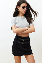 Black Belted Denim Skirt Twoss24et00122