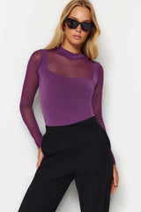 Purple Fitted/body-fitting Tulle Detailed Long Sleeve Stand-up Collar Flexible Snaps Knitted Bodysui