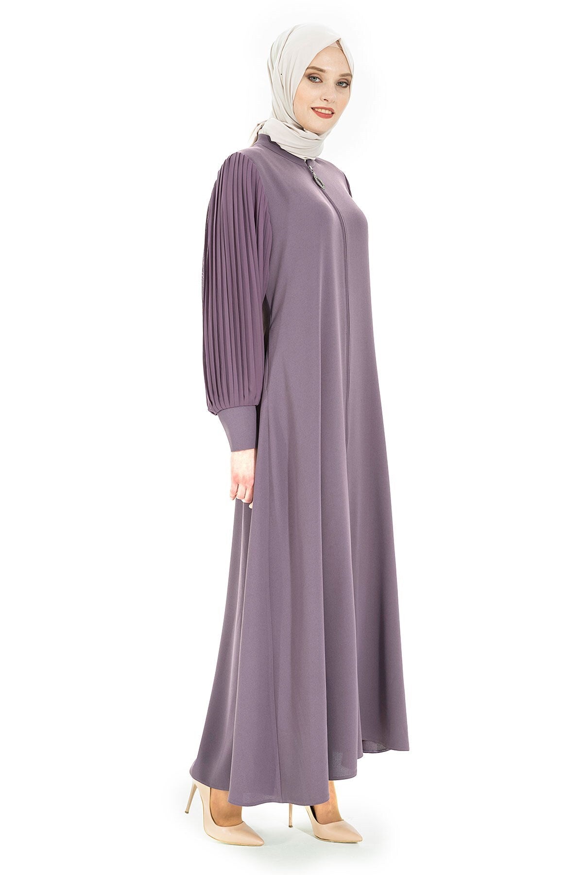 Pineapple Sleeves Pleated Detailed Zipper Lilac Abaya 3453 T22fr3m3453