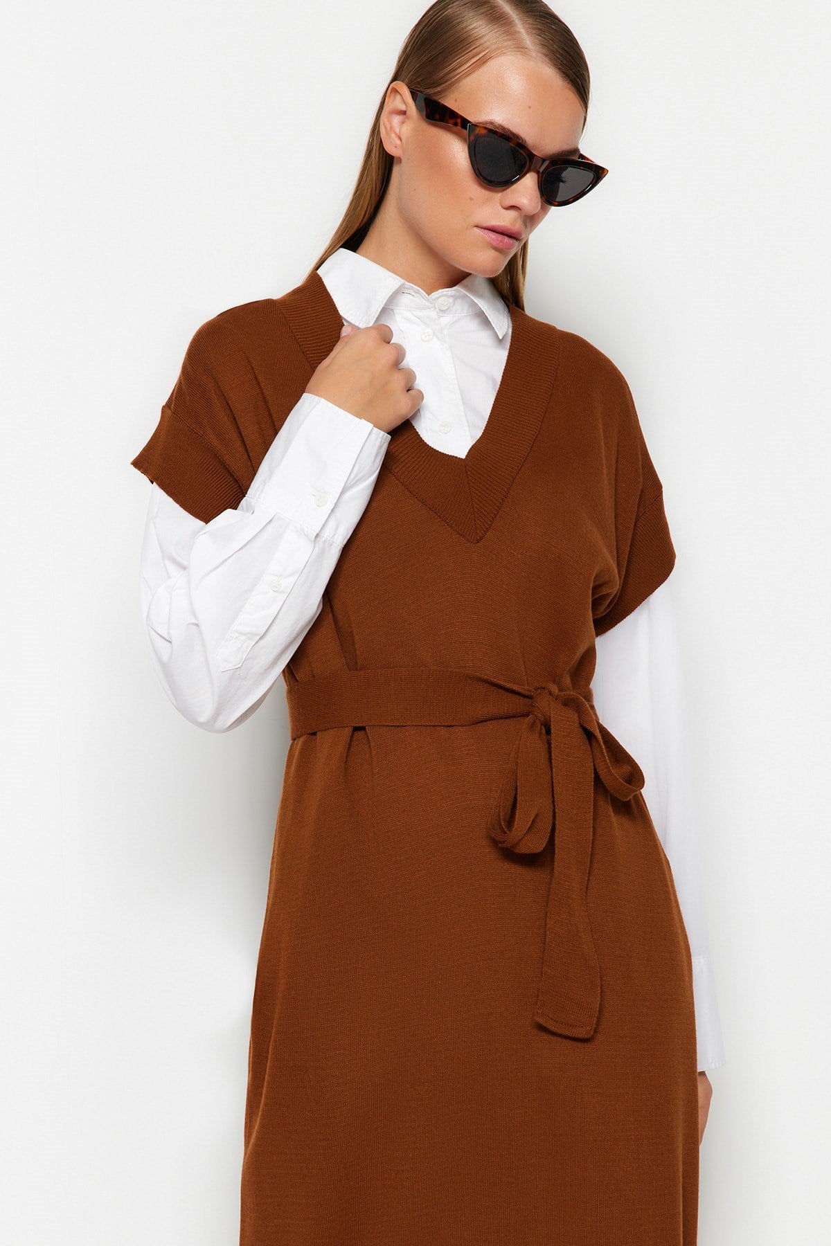 Dark Brown Belted Long Knit Sweater Dress Tctaw24uv00020