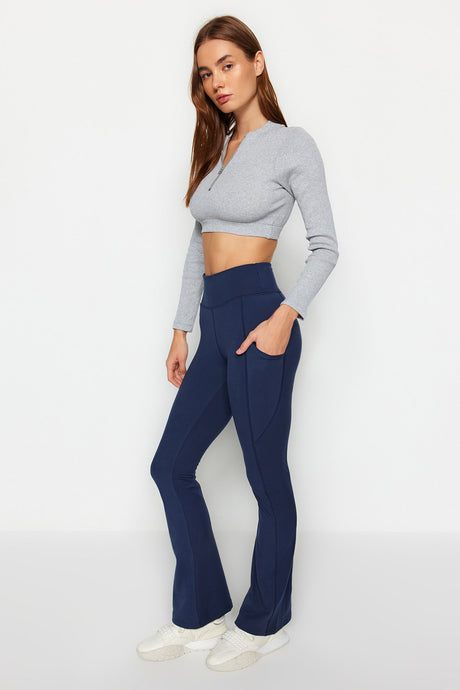 Dark Navy Reflector Print And Pocket Detailed Spanish Leg Sports Leggings Thmaw24ty00066