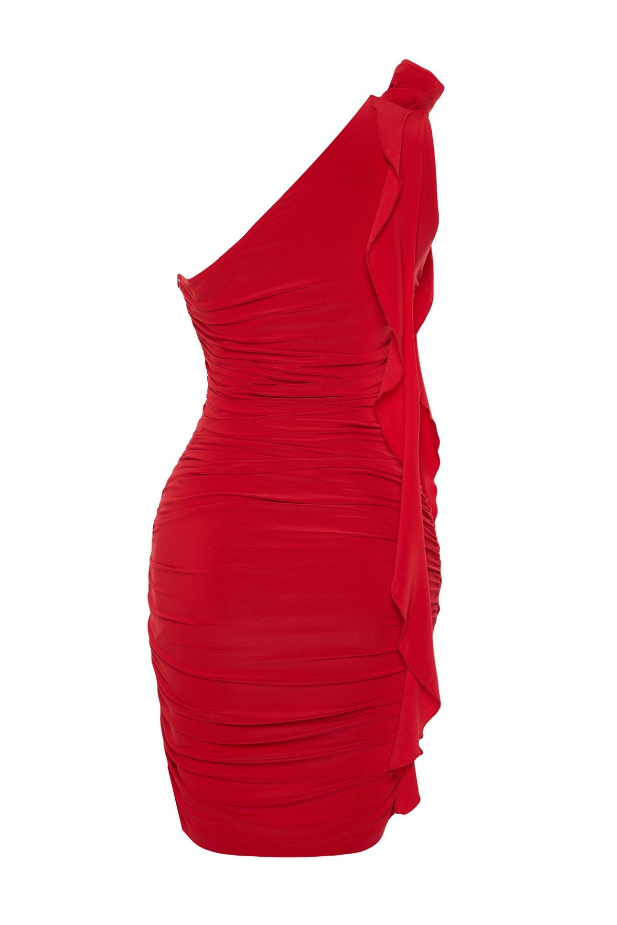 Red Draped Rose And Ruffle Chic Evening Dress Tprss24el00009