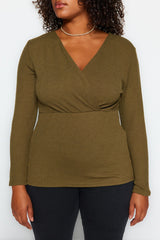 Black Double-breasted Plain Double-breasted Ruffle Knitted Plus Size Blouse Tbbaw24af00031