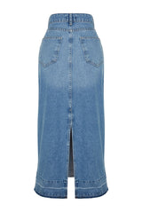 Blue Slit Waist Detailed Maxi Denim Skirt Twoaw24et00065