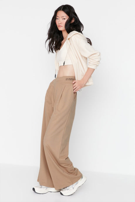 Black Print Detailed Wide Leg/casual Cut Asymmetrical Waist Knit Pants Twoaw23pl00389