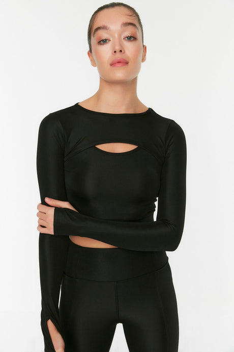 Black Crop Window/cut Out And Thumb Hole Detailed Crew Neck Sports Blouse Twoaw22bz0481