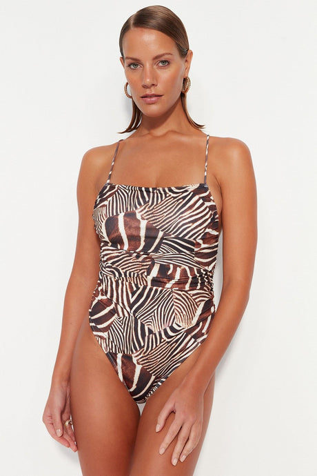 Animal Print Square Collar Ruched Regular Leg Swimsuit Tbess23ma00368