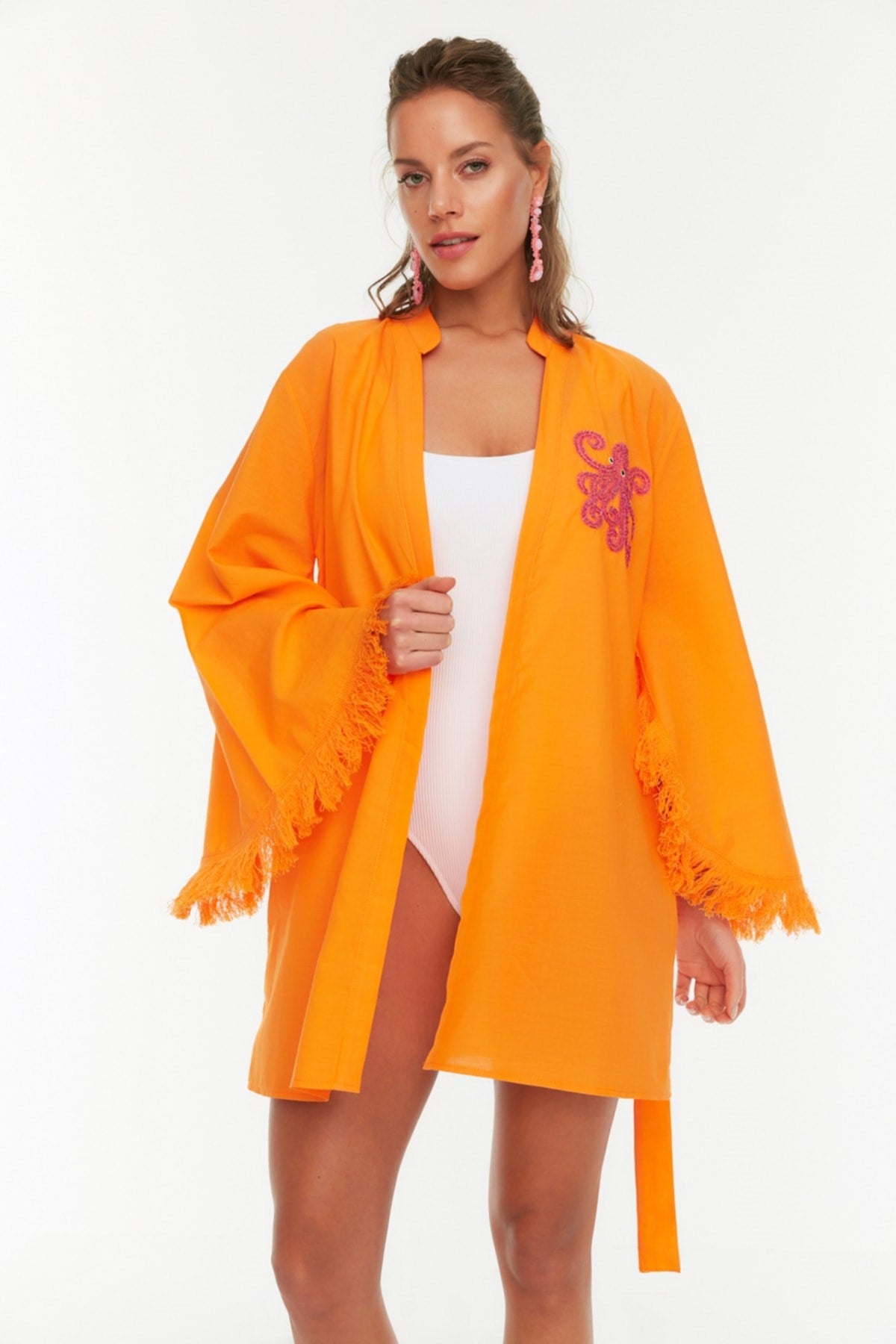 Orange Embroidery Detailed Beach Kimono&beach Kaftan Tbess22km0045